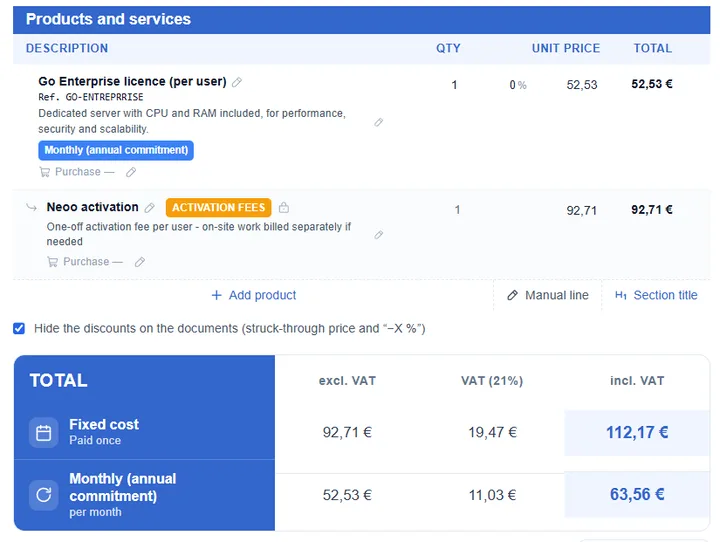 Éditeur de devis dans Neoo : lignes du catalogue avec leur mode de facturation, frais d’activation, ajout d’un produit ou d’une ligne libre, et total séparant le coût ponctuel du coût mensuel.