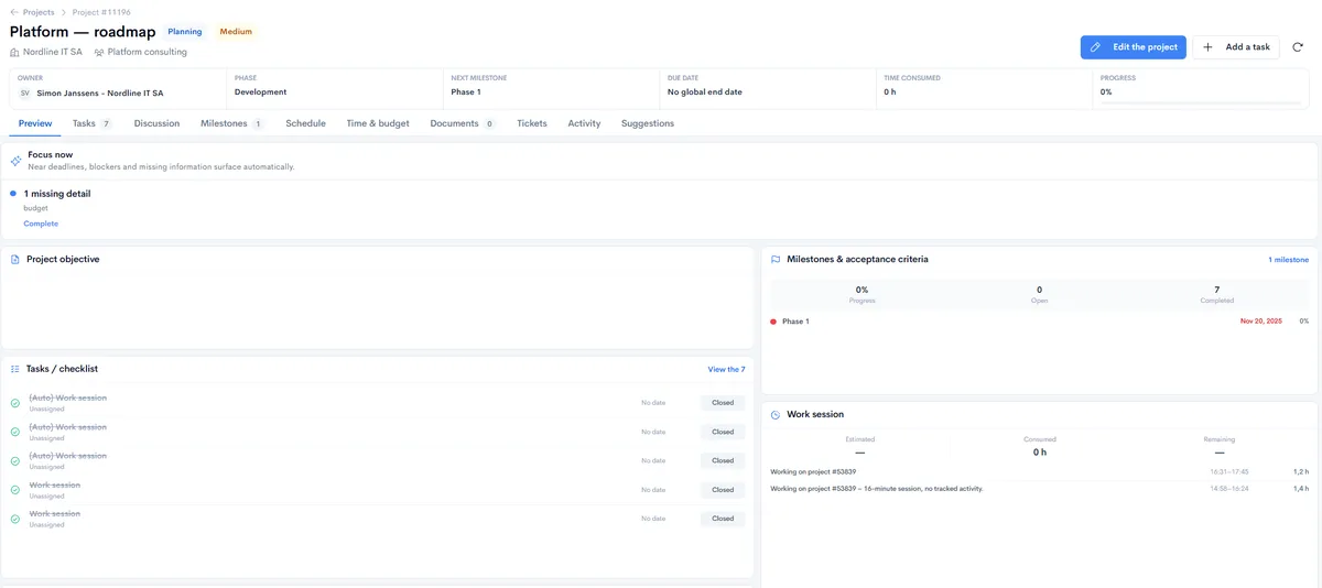 Fiche projet dans Neoo : responsable, phase, prochain jalon, échéance, temps consommé et avancement, puis Focus now, tâches, jalons et sessions de travail.